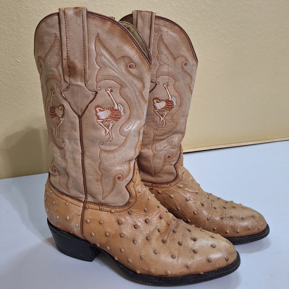 Vintage Ostrich Red River‎ Boots Mens 7 1/2 Cowboy Western